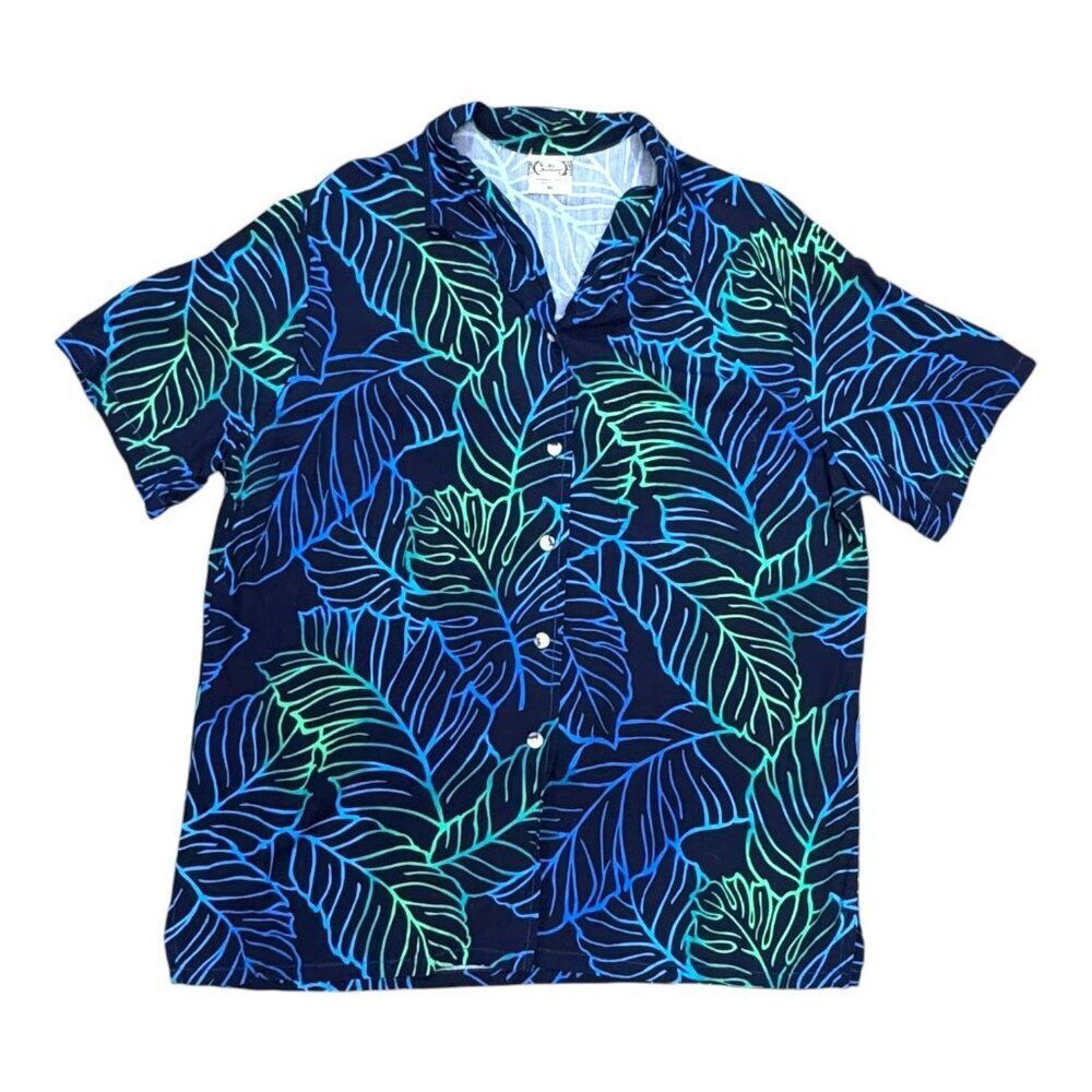 Vintage Go Barefoot Hawaiian Leaf Print Short Sleeve Button-Up Shirt XL Beach